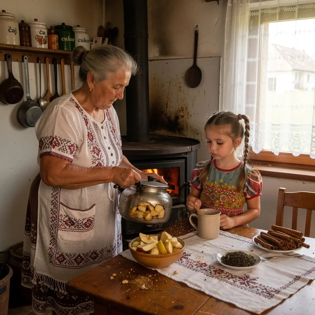 Detail jablkového čaju s škoricovými tyčinkami a medom.