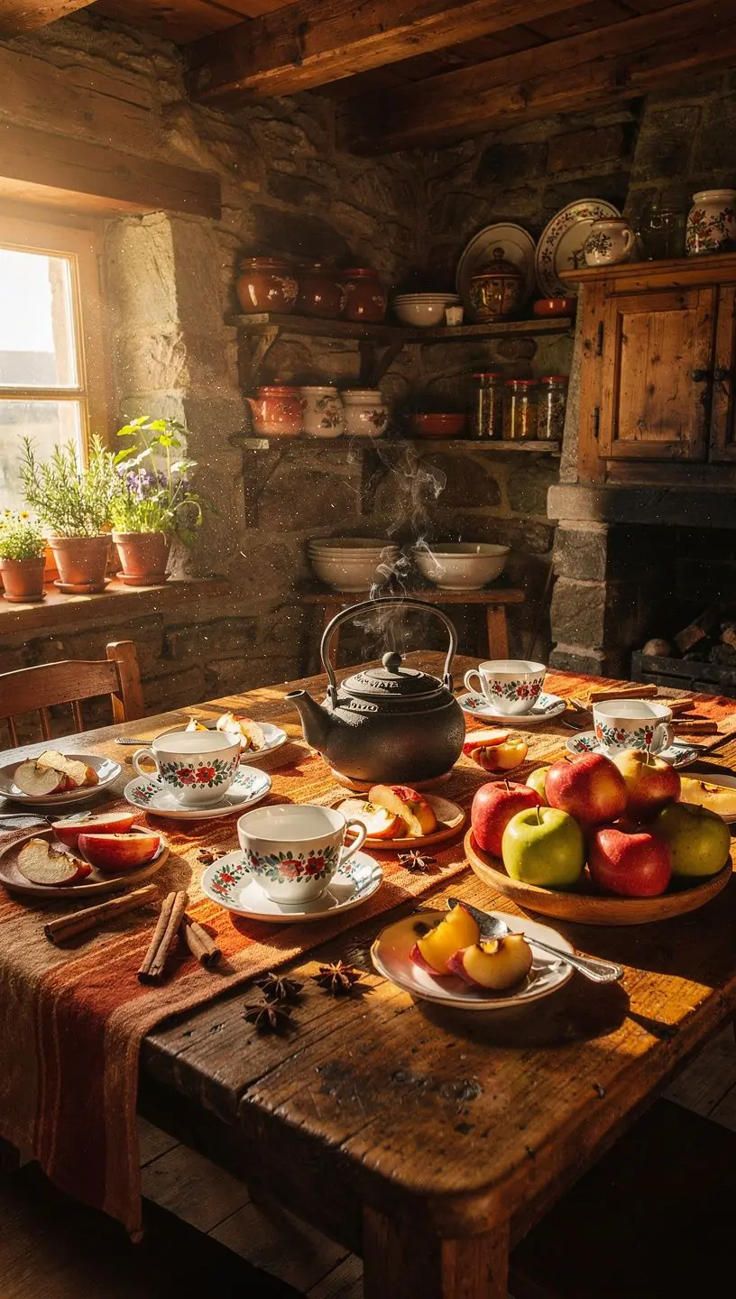 Záber na parný hrnček s čajom obklopený jesennými listami.