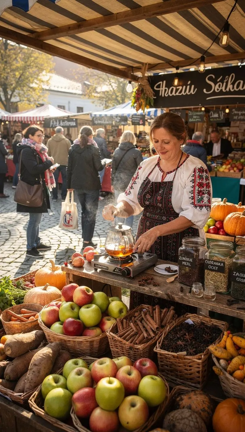 Atmosférický záber na čajový čas s jablkami a voňavými koreninami.