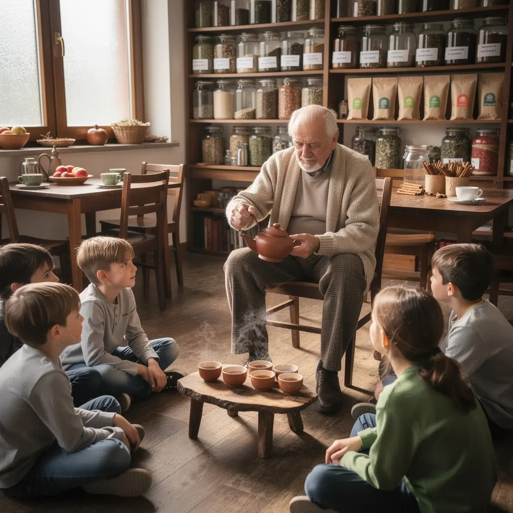 Ručne robený jablkový čaj servírovaný v tradičnej keramickej šálke s dekoratívnym tanierikom.
