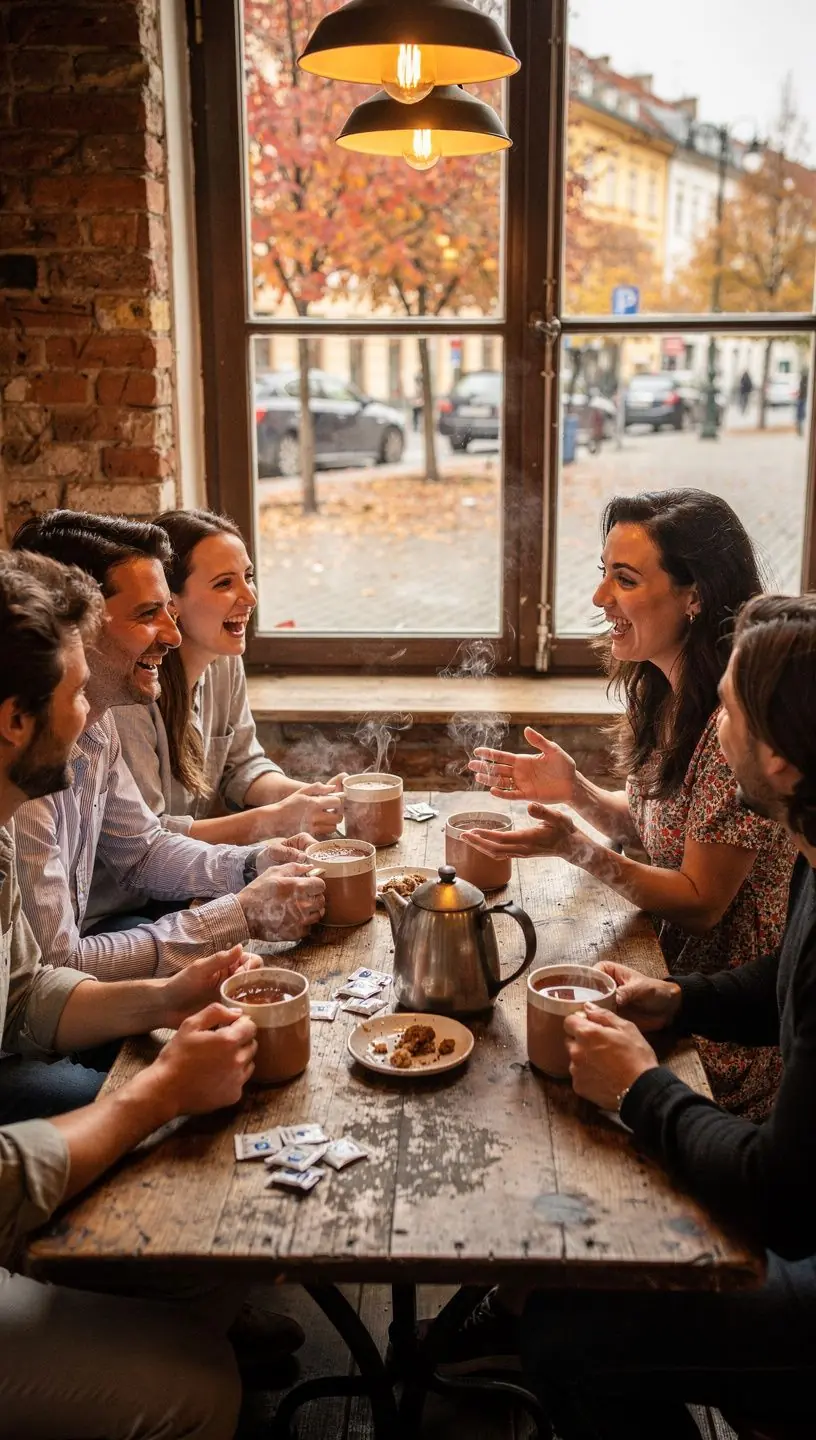 Šálka teplého čaju s jablkami a škoricou, umiestnená na okne s výhľadom na jesennú krajinu.
